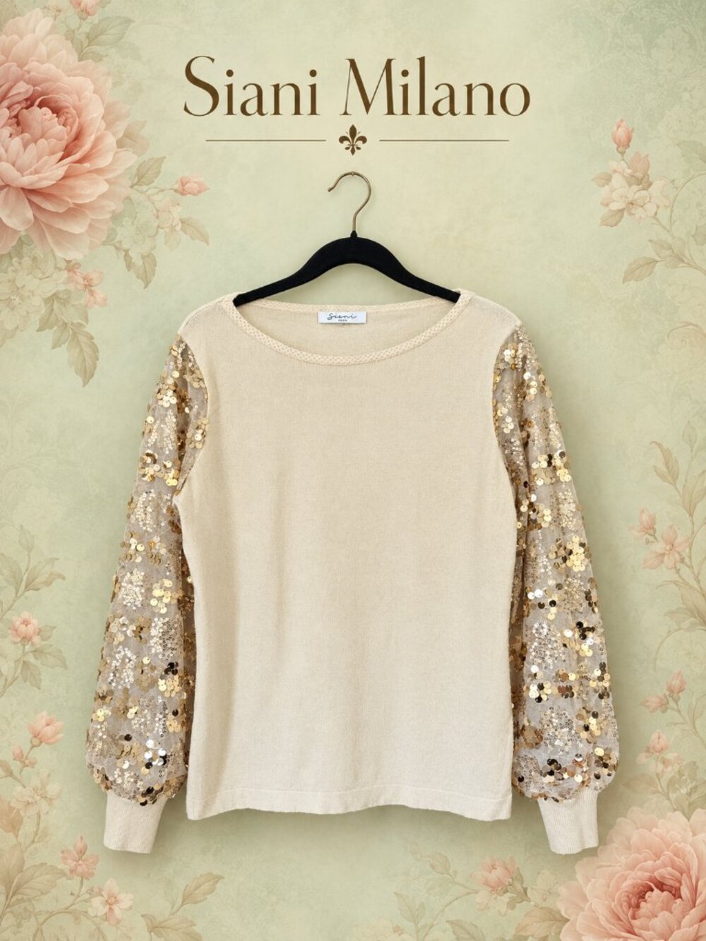 Siani Milano Cream Sweater Gold Sequin Puff Sleeves Elegant Chic